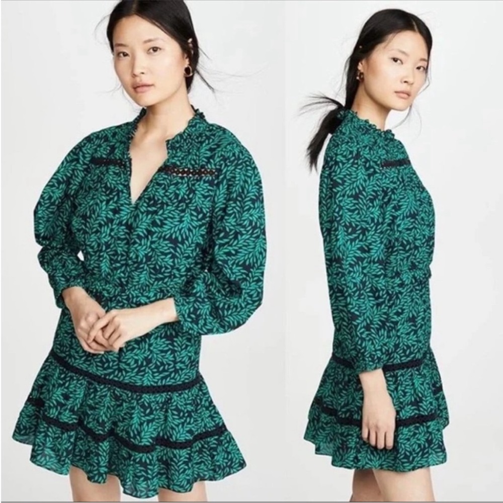 NEW Joie Salama Long Sleeve Leaf Printed Mini Dress Black Green Size Large NWT